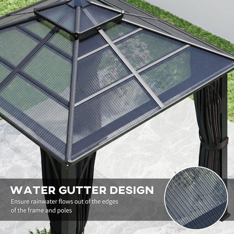 2.5 x 2.5m Garden Gazebo with Polycarbonate Roof and Curtains for Year Round Shelter Dark Grey
