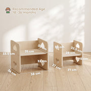 Dimensions diagram of the toddler table and chair set with 18 to 36 months age label