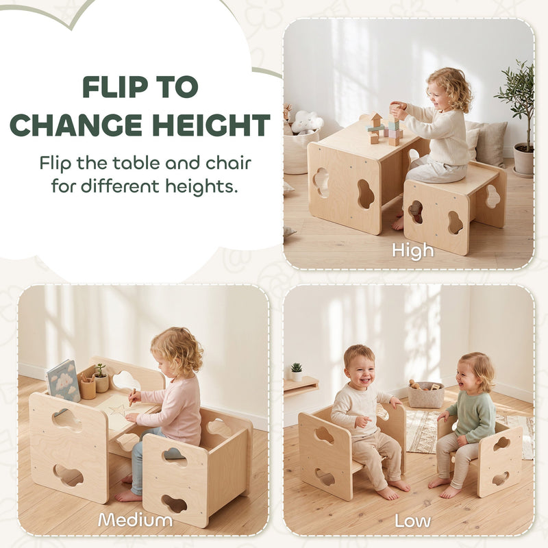 Flip to change height: toddler table and chair in high, medium and low positions