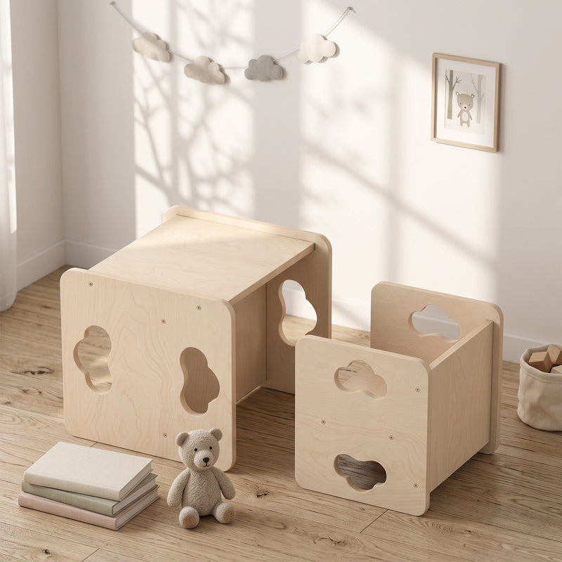 Toddler table and chair set in a bedroom with a teddy bear and books