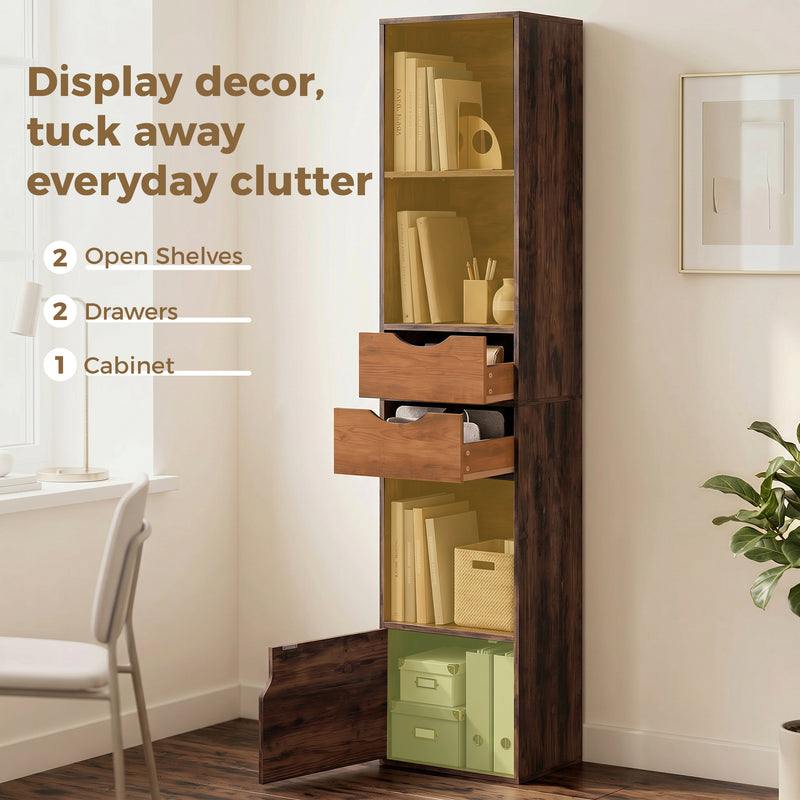 Slim Corner Bookcase with Adjustable Shelf and Storage Drawers for Small Spaces Rustic Brown