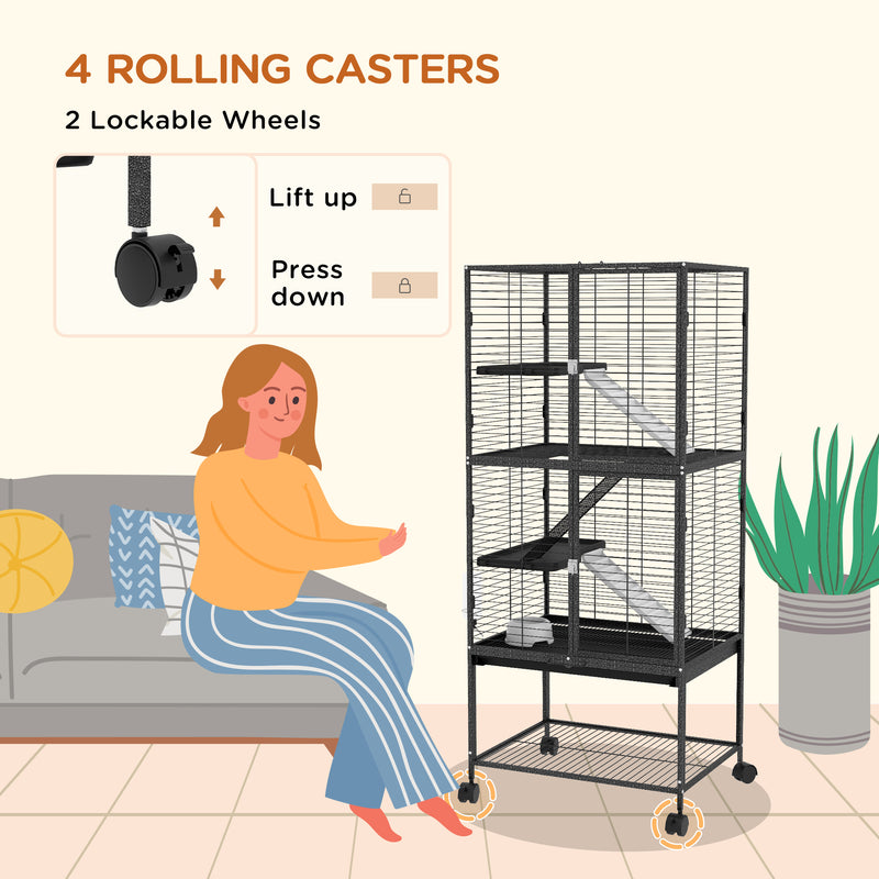 Rolling Small Animal Cage with Storage Shelf and Accessories for Ferrets or Chinchillas, Grey