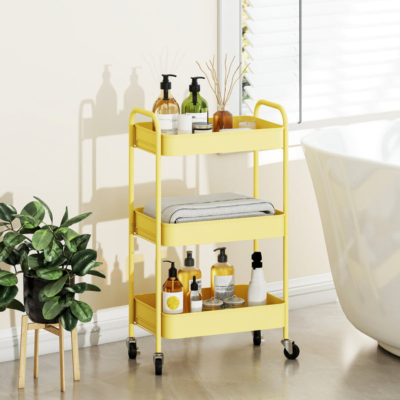 Three Tier Steel Storage Trolley With Wheels For Kitchen Or Office Use, Yellow