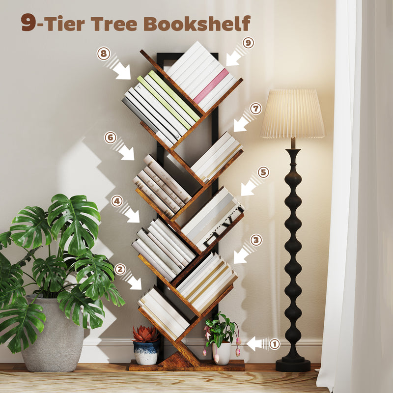 Eight Shelf Tree Bookcase With Space Saving Design For Bedroom Or Lounge, Wood Effect