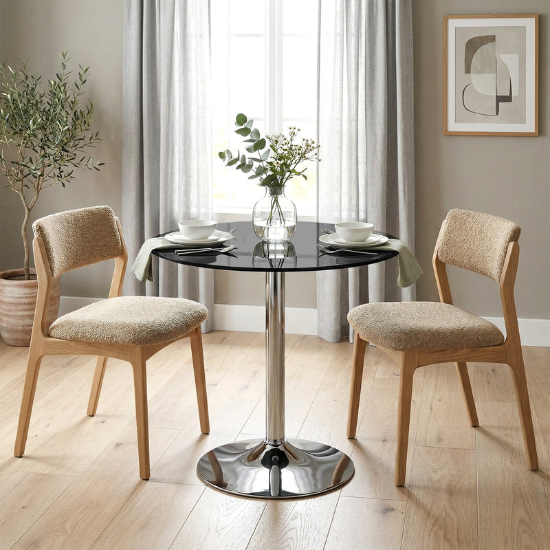 2 Seat Round Black Glass Dining Table for Small Spaces with Stable Metal Base