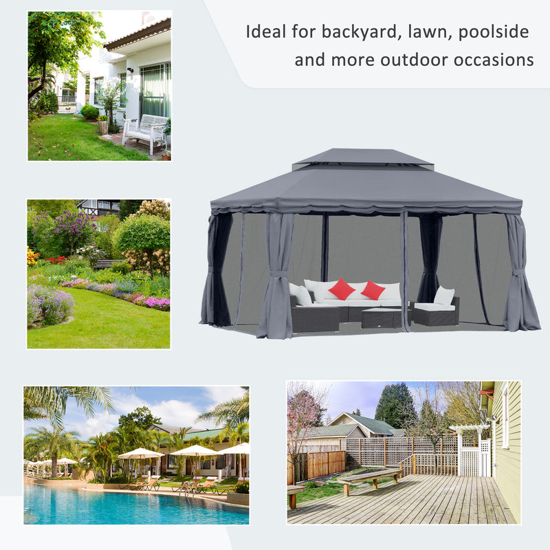 Dark Grey 3 x 4m Aluminium Garden Gazebo with Nets and Curtains by Outsunny