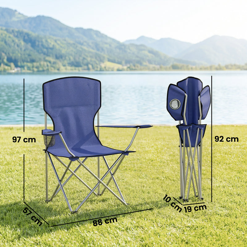 Folding Camping Chair Set of 2 with High Back and Cup Holder for Garden or Campsite Dark Blue