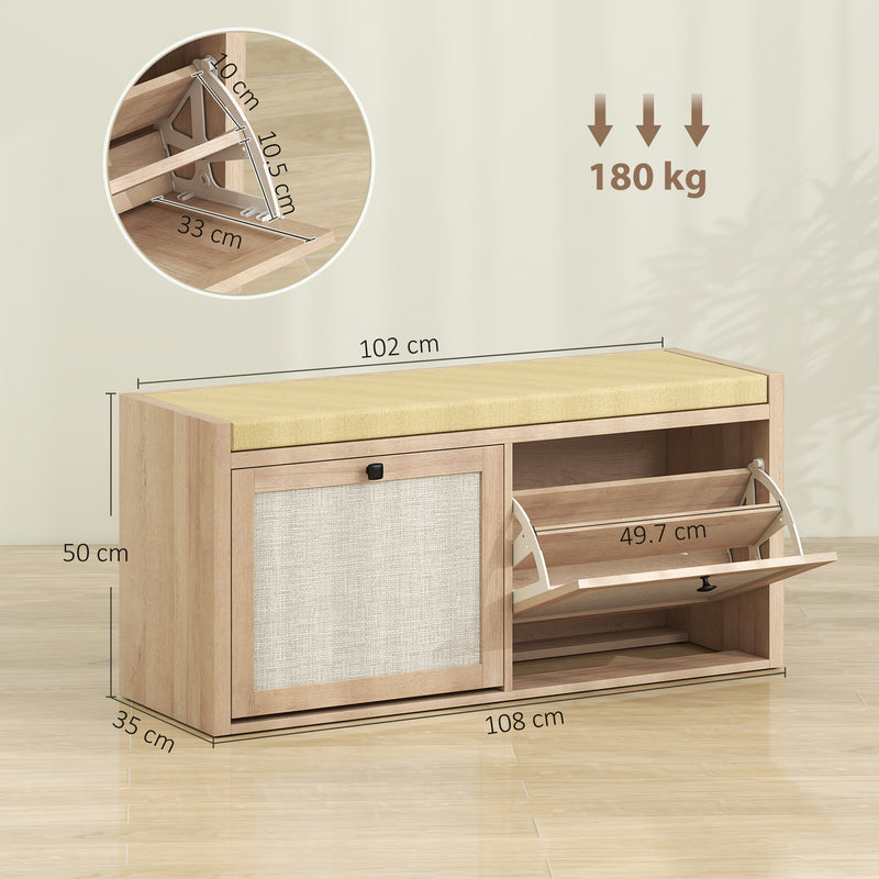 Shoe Storage Bench with Hidden Cabinets and Padded Seat for Hallway Organisation Oak Beige Homcom