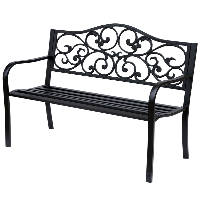 Metal Garden Bench with Decorative Backrest and Armrests for Outdoor Seating Black