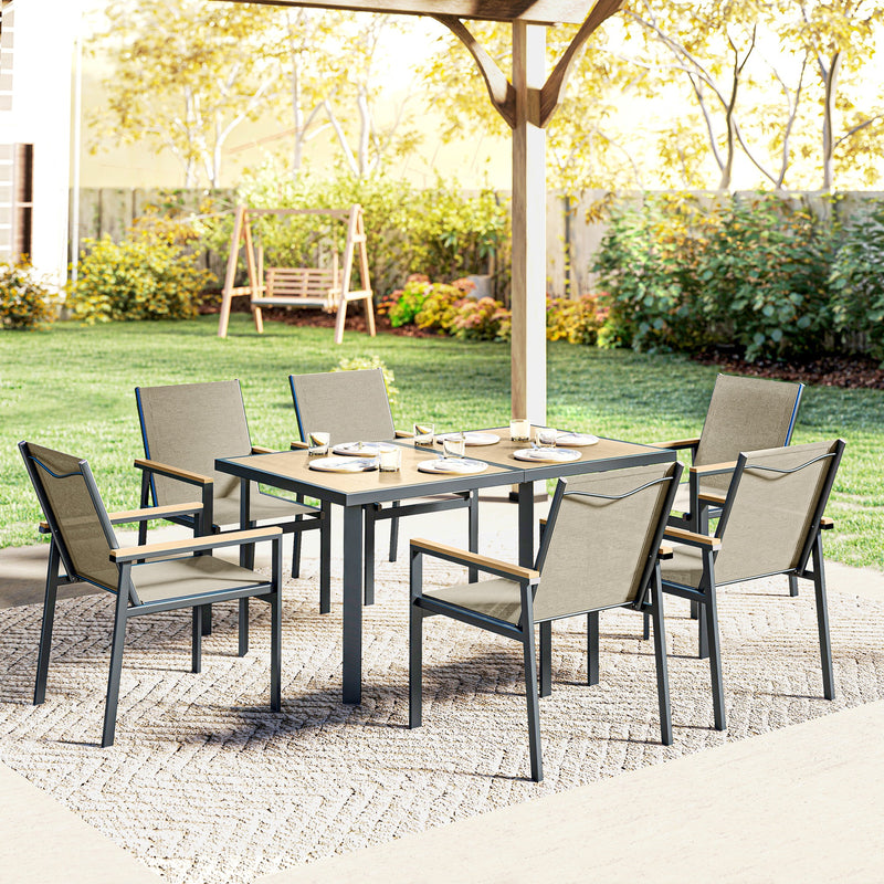 Garden Dining Set 6 Seater with Easy Clean Table and Breathable Chairs, Teak Outsunny