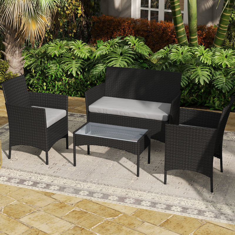 4pc Rattan Garden Furniture Conversation Set with Cushions and Tempered Glass Table for Outdoor Relaxing Outsunny