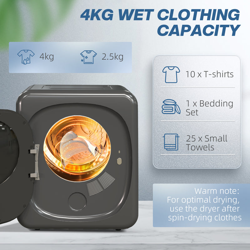 4kg Compact Vented Tumble Dryer with Smart Mode and Deodorise Function for Home, Grey