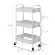 White Three Tier Steel Rolling Storage Trolley with Lockable Wheels