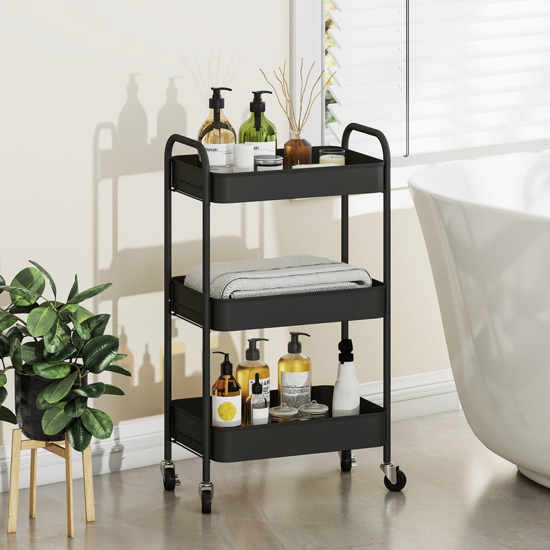 Three Tier Steel Storage Trolley With Lockable Wheels For Home Or Office Use Black