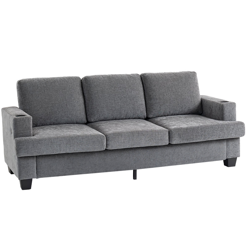 3 Seater Sofa With USB Charging Ports And Cup Holders For Lounge, Grey