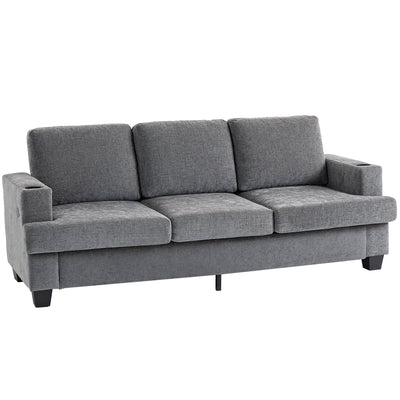 3 Seater Sofa With USB Charging Ports And Cup Holders For Lounge, Grey
