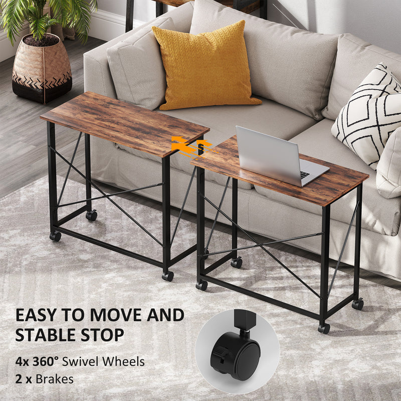 Industrial 80 cm Folding Desk on Wheels Compact Space Saving Design for Home Office