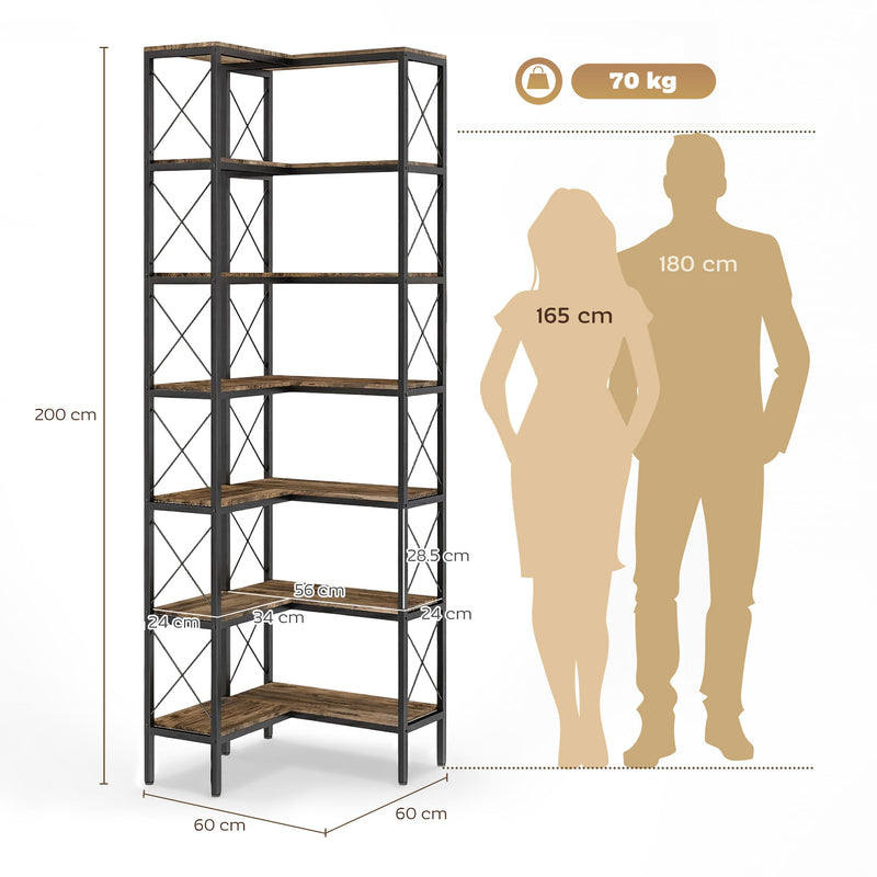 Corner Bookcase with 6 Shelves for Space Saving Storage in Small Rooms Rustic Brown