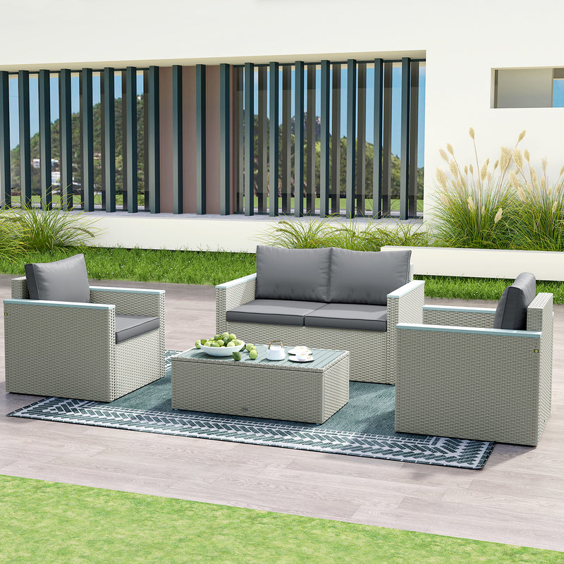 Light Grey 4 Seater Rattan Garden Furniture Set with Cushions and Coffee Table
