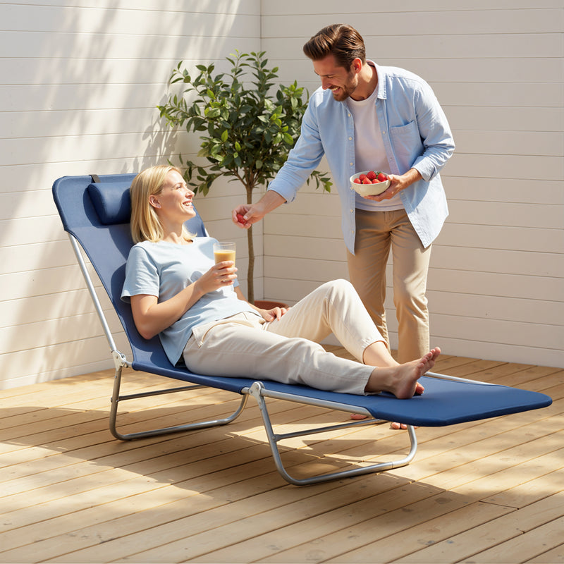Folding Sun Lounger with Adjustable Headrest for Garden or Beach Use Dark Blue Outsunny