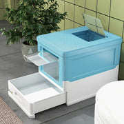 Light Blue Hooded Cat Litter Box with Scoop and Front Entry Portable Pet Toilet