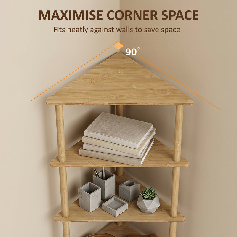 Bathroom Corner Shelf 5 Tier Bamboo Storage for Toiletries and Towels Natural Wood Finish