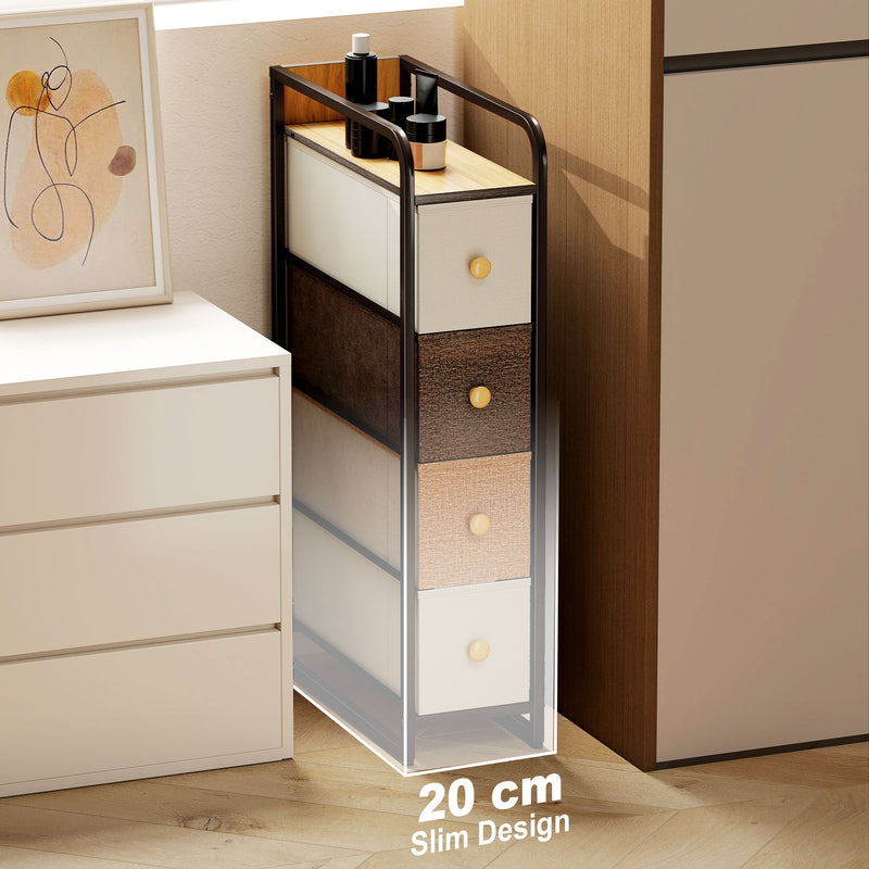 Slim Chest of Drawers for Narrow Spaces with 4 Fabric Drawers and Guardrail Top Multicoloured