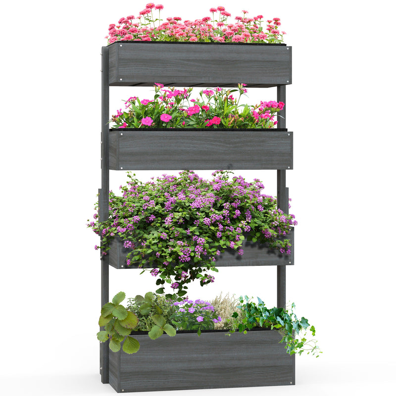 Four Tier Grey Wooden Plant Stand with Baskets for Garden and Patio by Outsunny