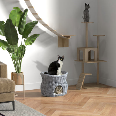 2 Tier Wicker Cat House with Washable Cushions Elevated Pet Bed for Kittens, Grey