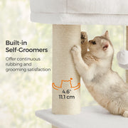 Cat climbing the cream white and beige multi-level cat tree in a home setting