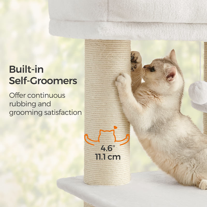 Cat climbing the cream white and beige multi-level cat tree in a home setting