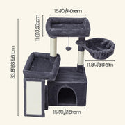 Labelled dimensions diagram showing platform, post and hanging basket measurements, approximately 85.8cm tall
