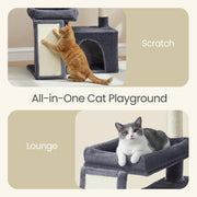 Collage showing a cat scratching the sisal post beside the cave, and a cat lounging in the hanging basket
