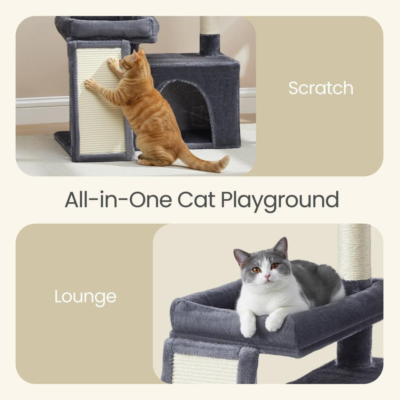 Collage showing a cat scratching the sisal post beside the cave, and a cat lounging in the hanging basket