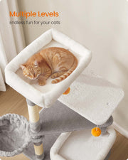 Cat lounging in the basket perch of the cat tree