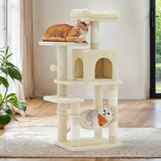 Feandrea beige multi-level cat tree with cats resting on platform and in hammock