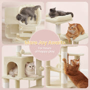 Hanging plush ball toy with bell on the beige Feandrea cat tree
