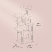 Beige multi-level cat tree shown in a home living room setting