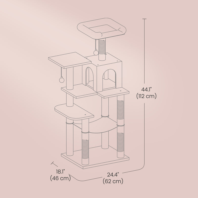 Beige multi-level cat tree shown in a home living room setting
