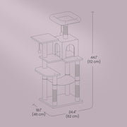 Angled view of the light grey cat tree showing all levels