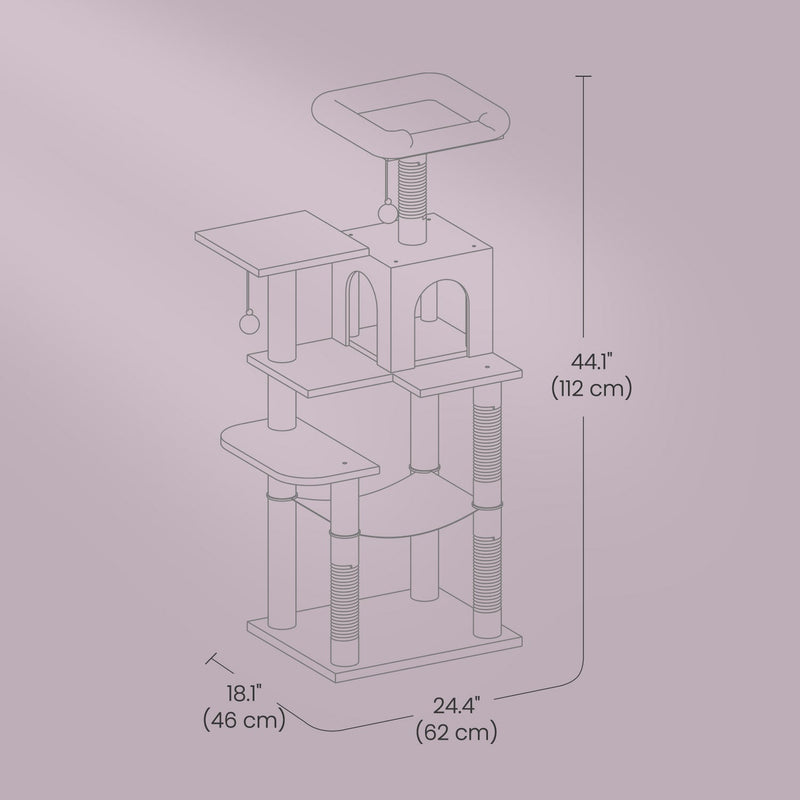 Angled view of the light grey cat tree showing all levels