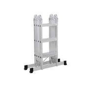 Ladder folded flat and standing upright on its rubber feet for storage