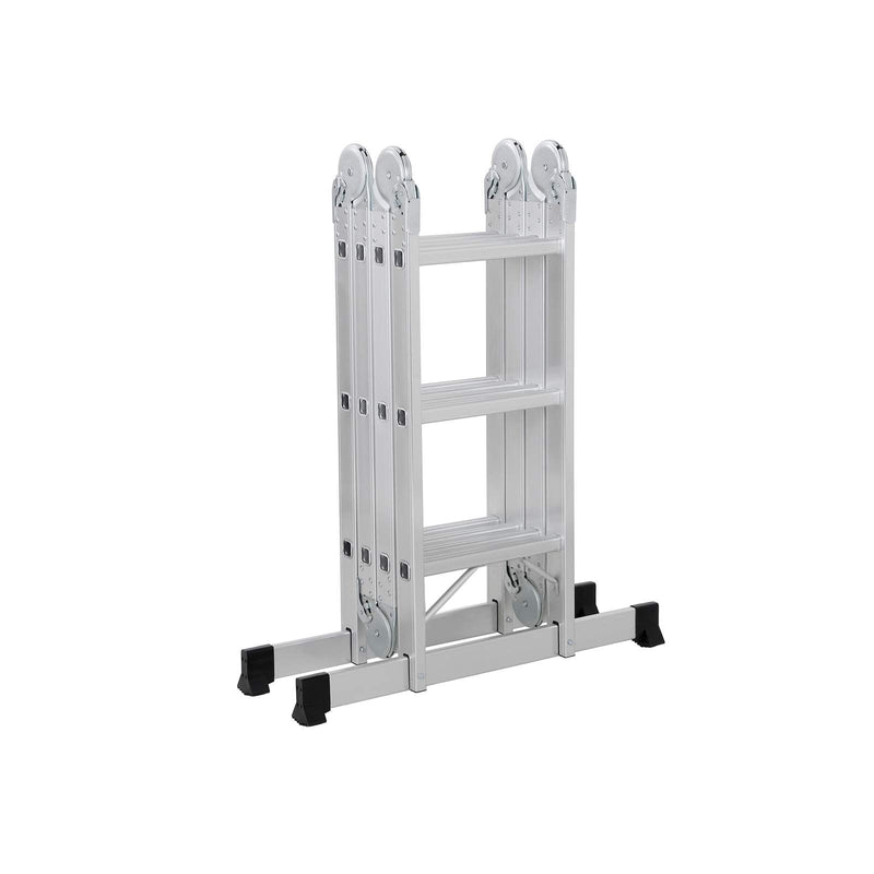 Ladder folded flat and standing upright on its rubber feet for storage