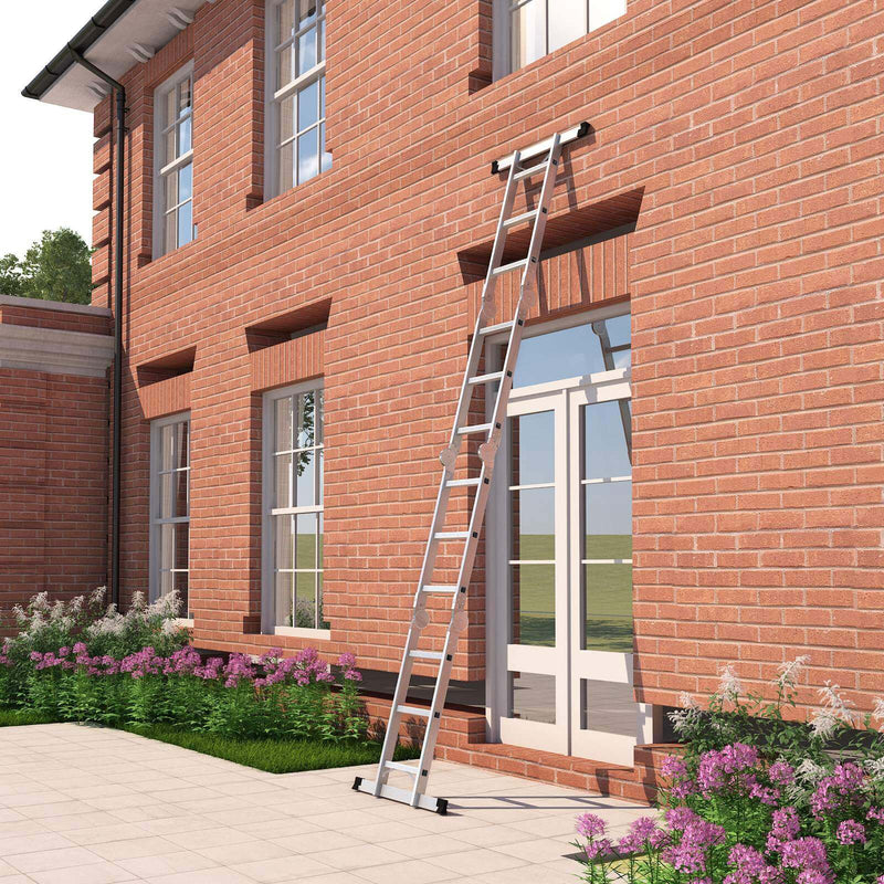 Ladder extended straight and leaning against the brick wall of a house