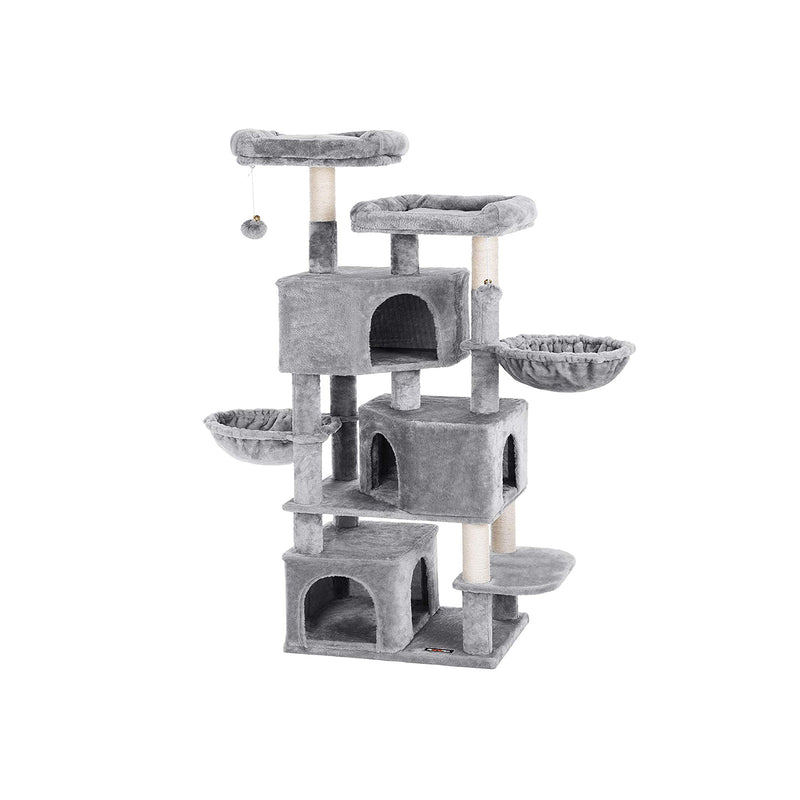 Feandrea multilevel cat tower in light grey, studio shot of the full assembled tower