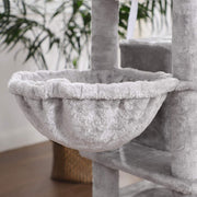 Close-up of a sisal-wrapped scratching post on the tower