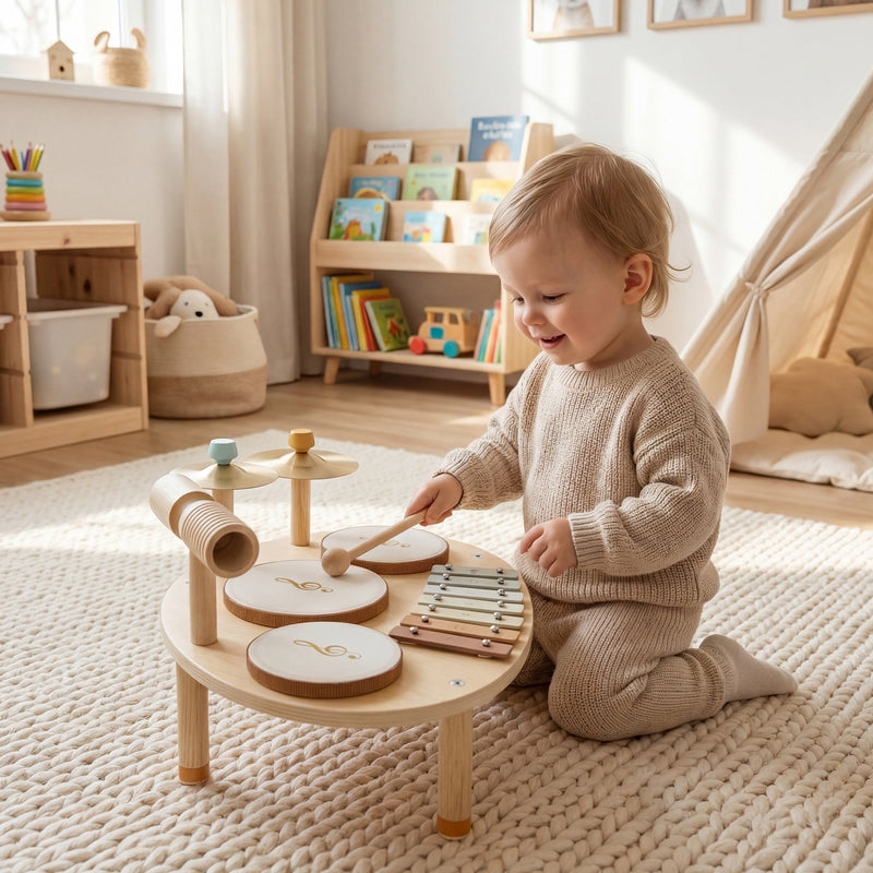 Toddler playing the wooden musical instrument set on a rug in a playroom