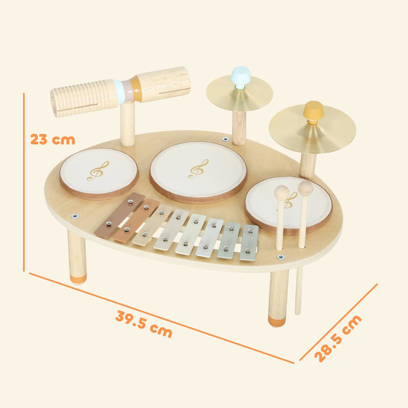 Dimension diagram of the musical instrument set showing 39.5 x 28.5 x 23 cm