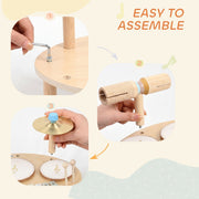 Assembly steps for fitting the legs and cymbal poles onto the wooden base
