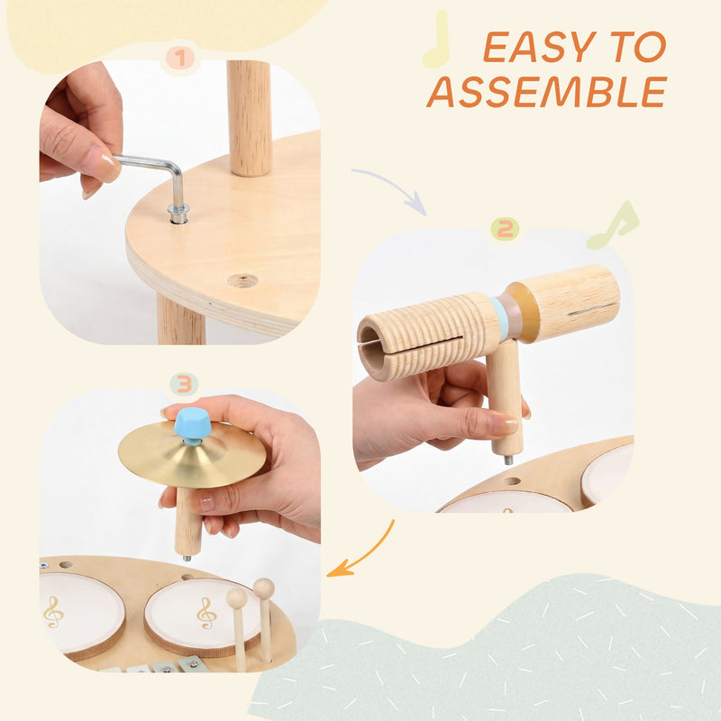 Assembly steps for fitting the legs and cymbal poles onto the wooden base